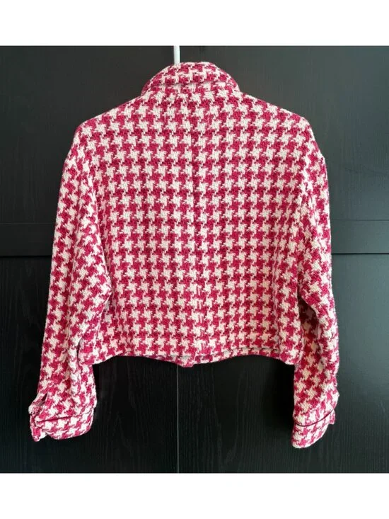 Zara Women's Short Textured Tweed Blazer Jacket Small Raspberry Houndstooth - Picture 2 of 9